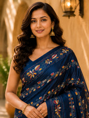 Laa Calcutta Navy Blue & Multi hand-stitch embroidary silk blend kantha stitch saree