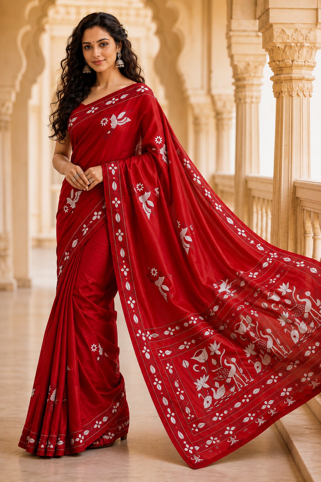 Laa Calcutta Red & White hand-stitch embroidary silk blend kantha stitch saree