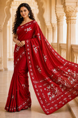 Laa Calcutta Red & White hand-stitch embroidary silk blend kantha stitch saree