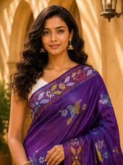 Laa Calcutta Purple & Multi hand-stitch embroidary silk blend kantha stitch saree