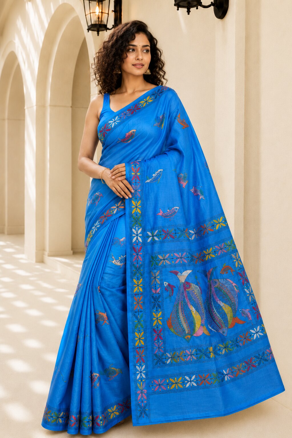 Laa Calcutta Blue & Multi hand-stitch embroidary silk blend kantha stitch saree