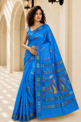 Laa Calcutta Blue & Multi hand-stitch embroidary silk blend kantha stitch saree