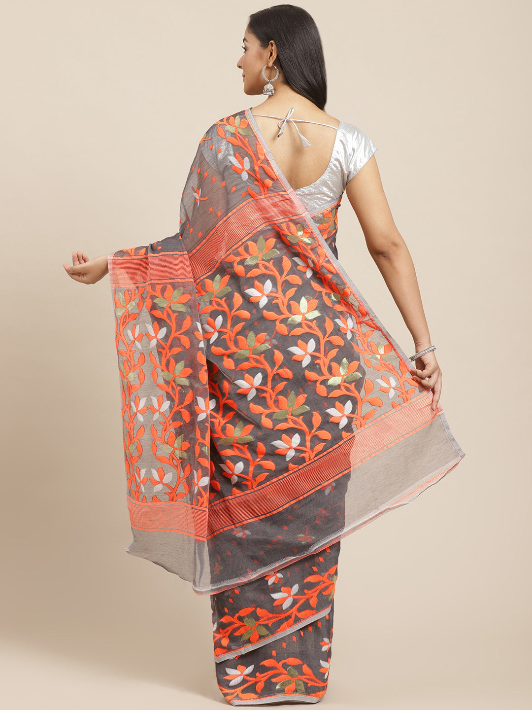 Grey & Orange Cotton Jamdani Saree