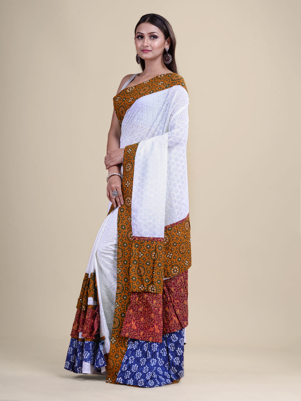 White & Multi Hakuba Raffel handloom Saree