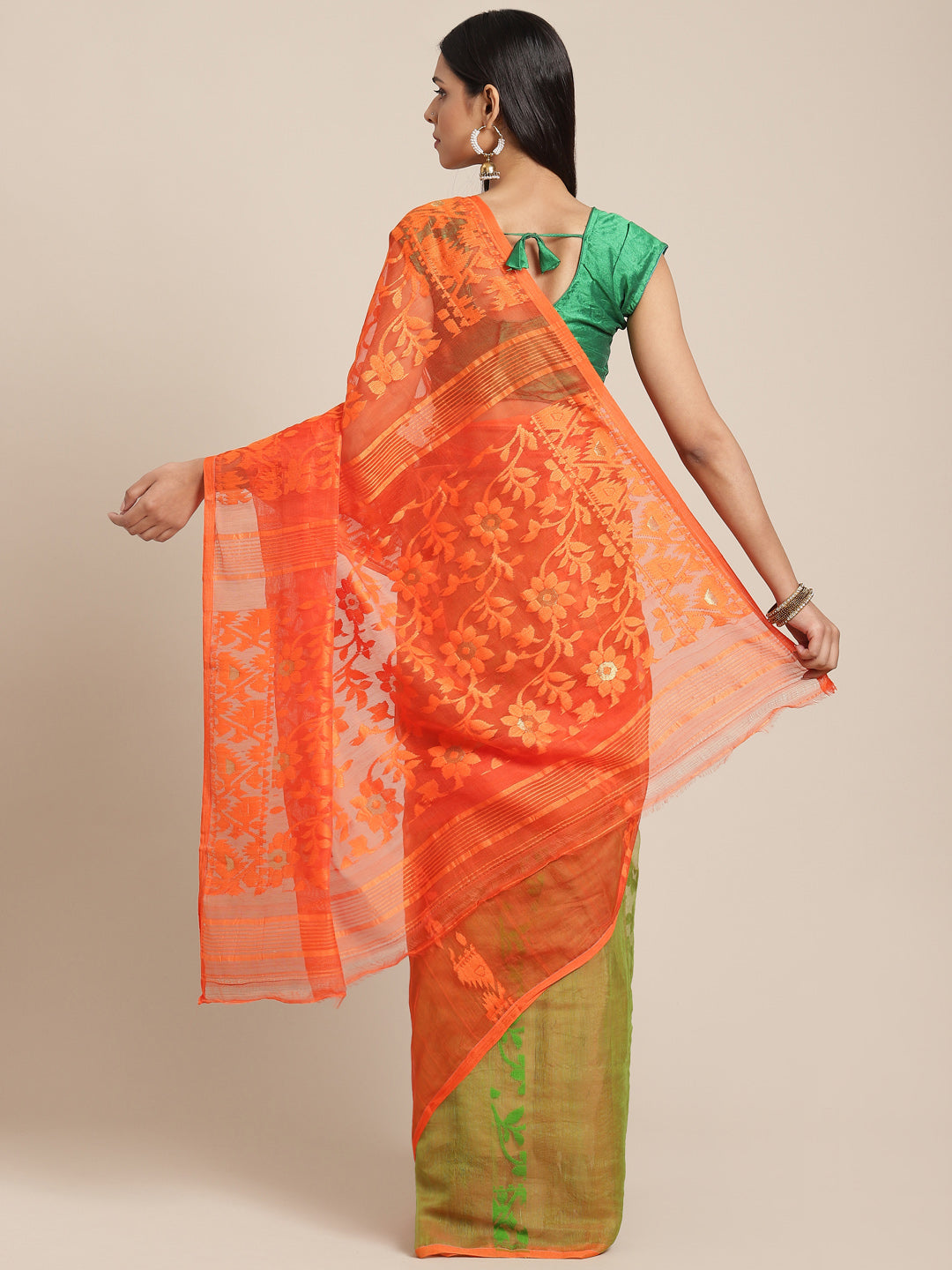 Orange  & Green   Cotton Jamdani Saree