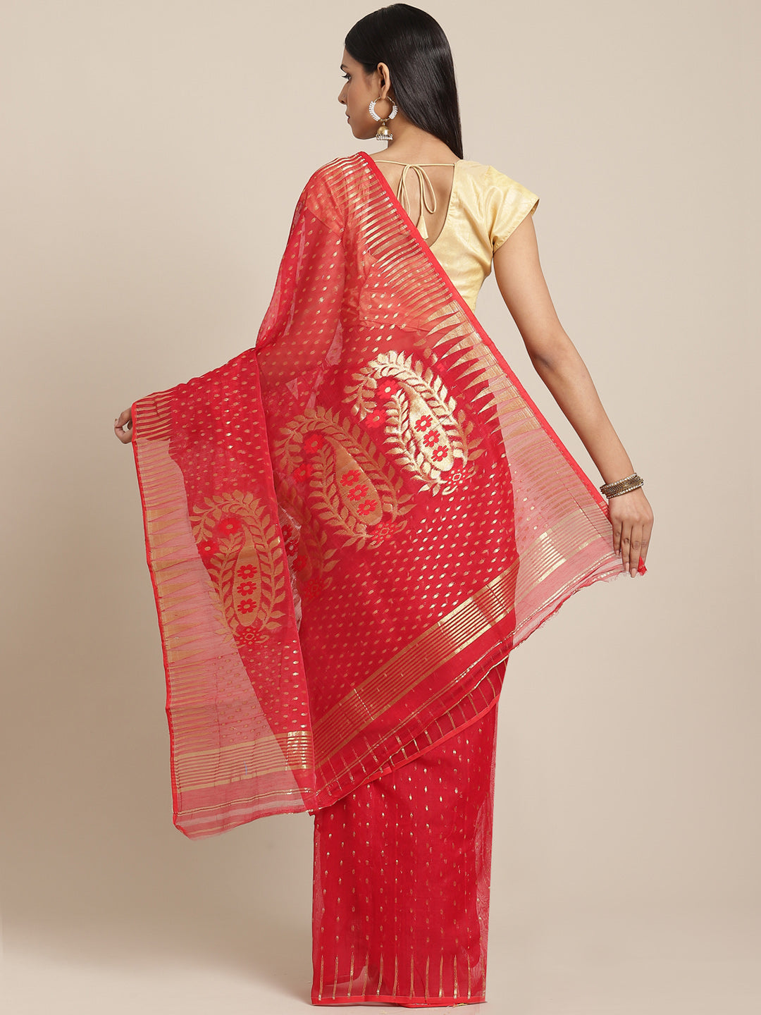 Red  & Golden  Cotton silk Jamdani Saree