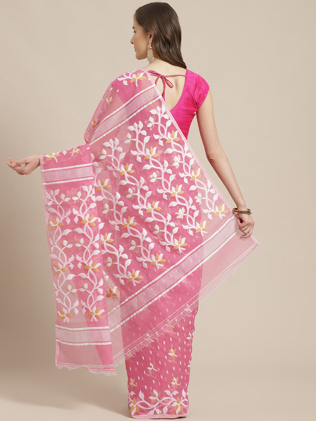 Pink & White Cotton Jamdani Saree