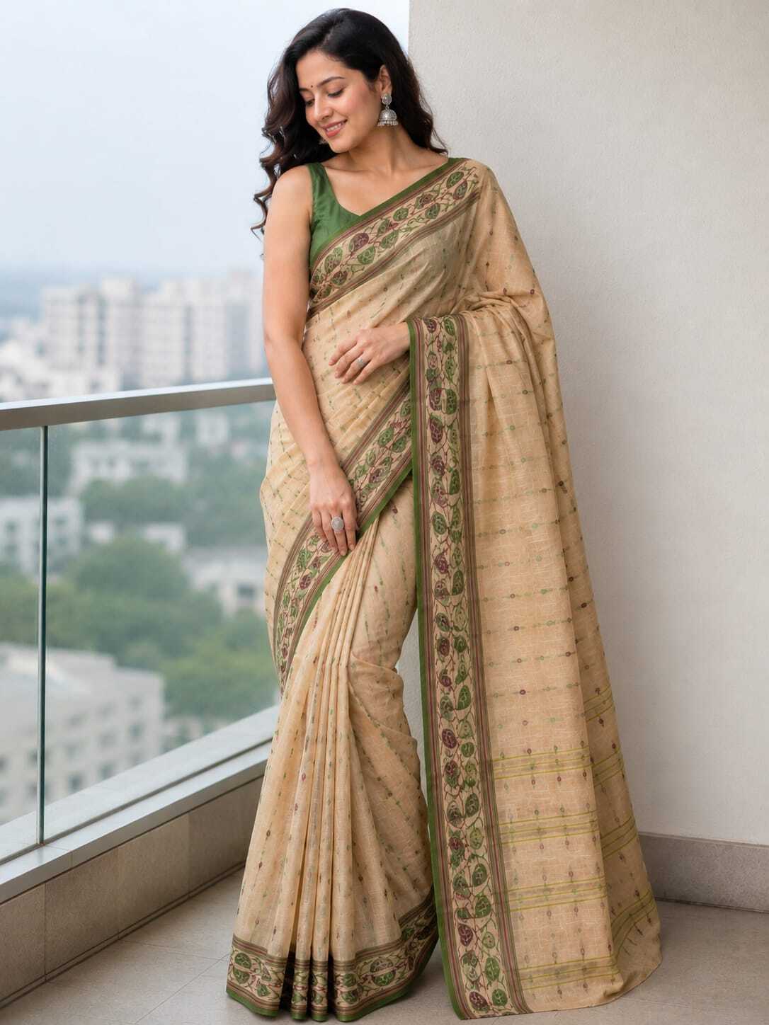 Laa Calcutta Beige & Multi cotton blend Taant saree