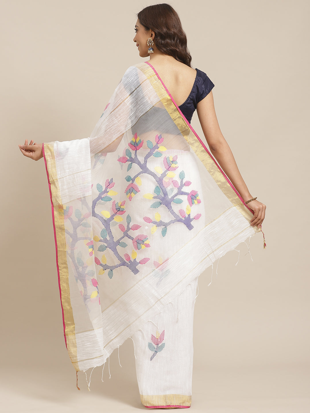 White & Multi Resham Jamdani Saree