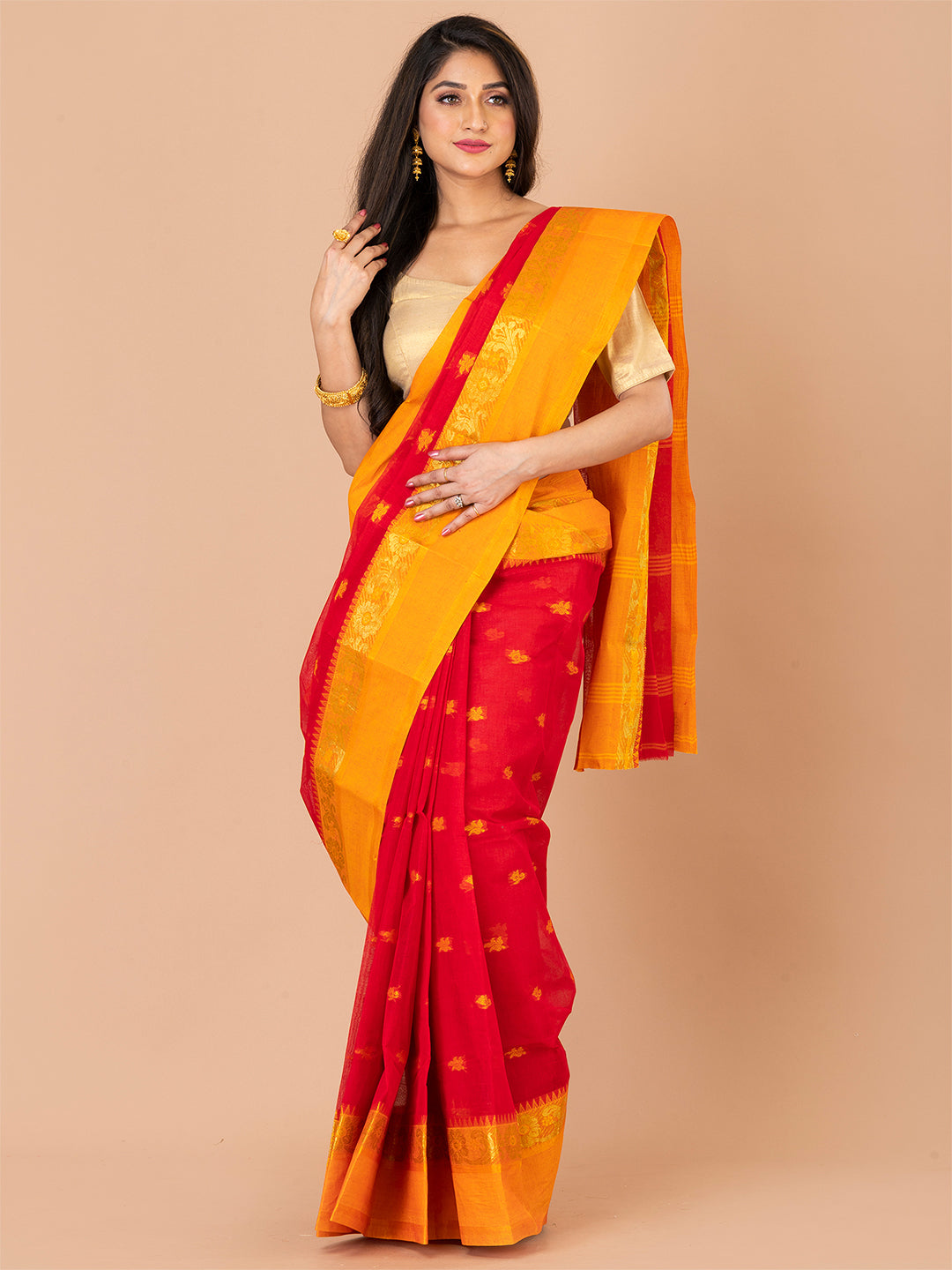 Red & Orange pure cotton taant saree