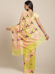 olive green & pink Cotton Jamdani Saree