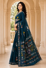 Laa Calcutta Navy Blue & Multi hand-stitch embroidary silk blend kantha stitch saree