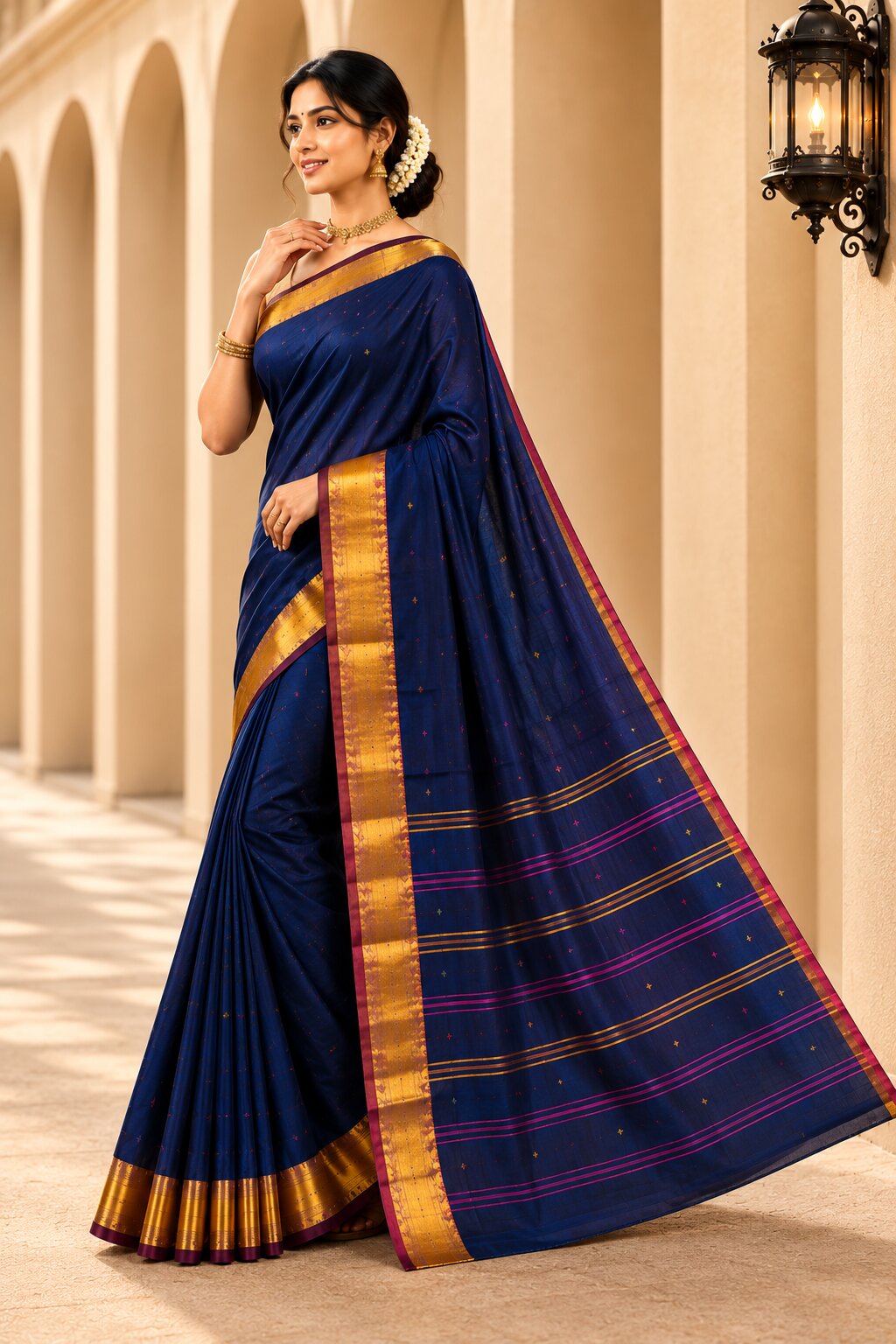 Laa Calcutta Navy Blue & Multi pure cotton Taant saree