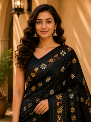 Laa Calcutta Black & Multi hand-stitch embroidary silk blend kantha stitch saree