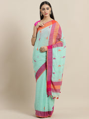 Laa Calcutta Sea  Green & Pink  cotton Handloom  saree