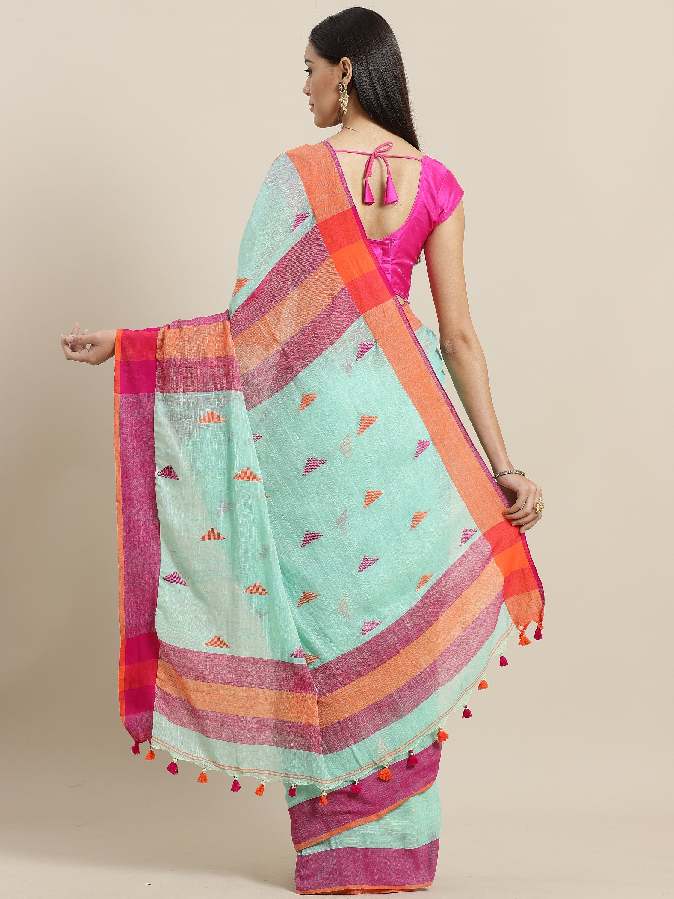 Laa Calcutta Sea  Green & Pink  cotton Handloom  saree