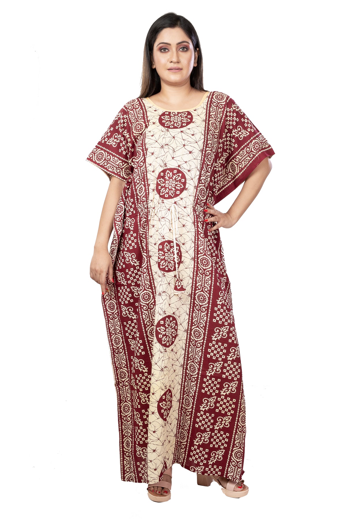 Beige & Maroon pure cotton floral nighty