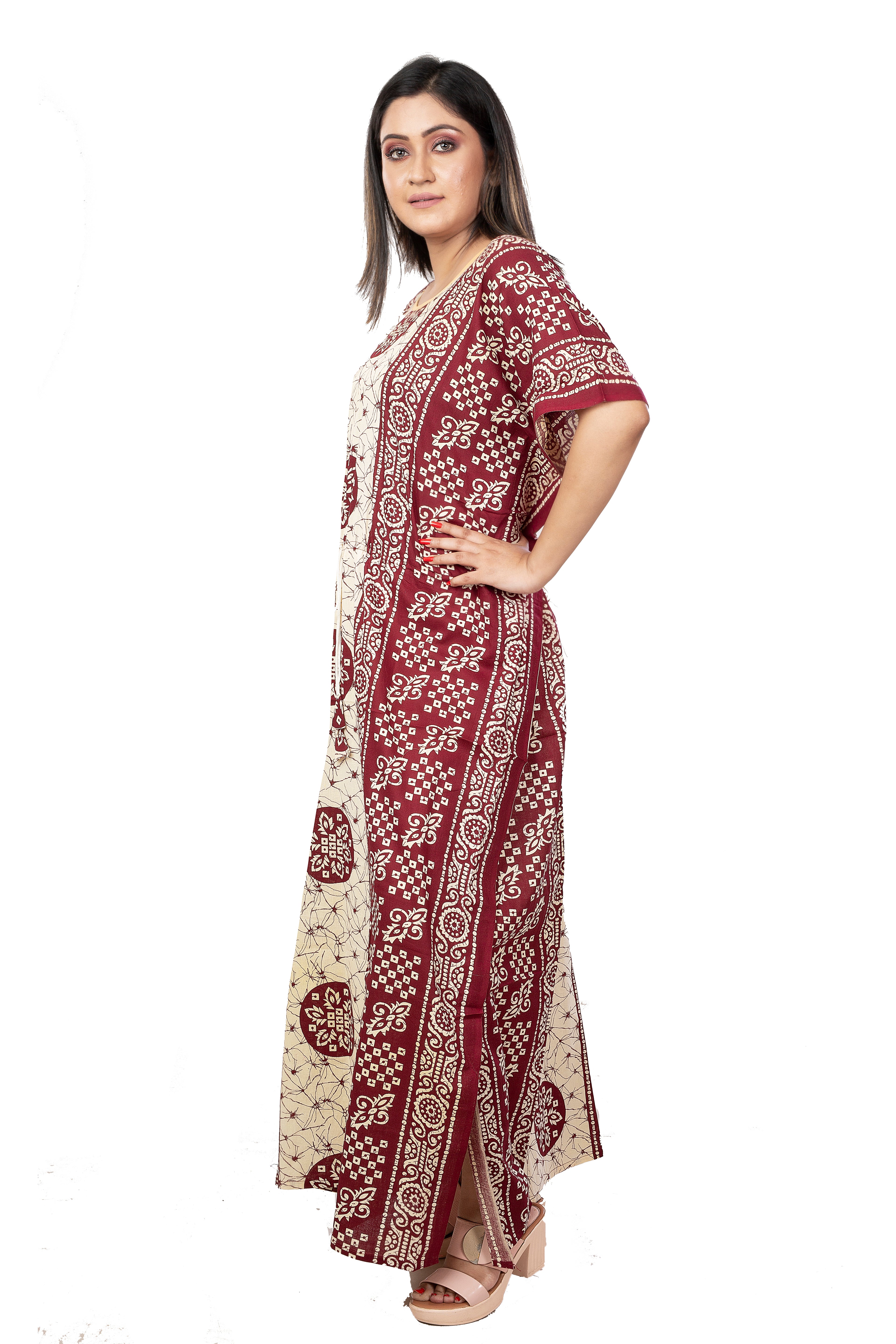 Beige & Maroon pure cotton floral nighty