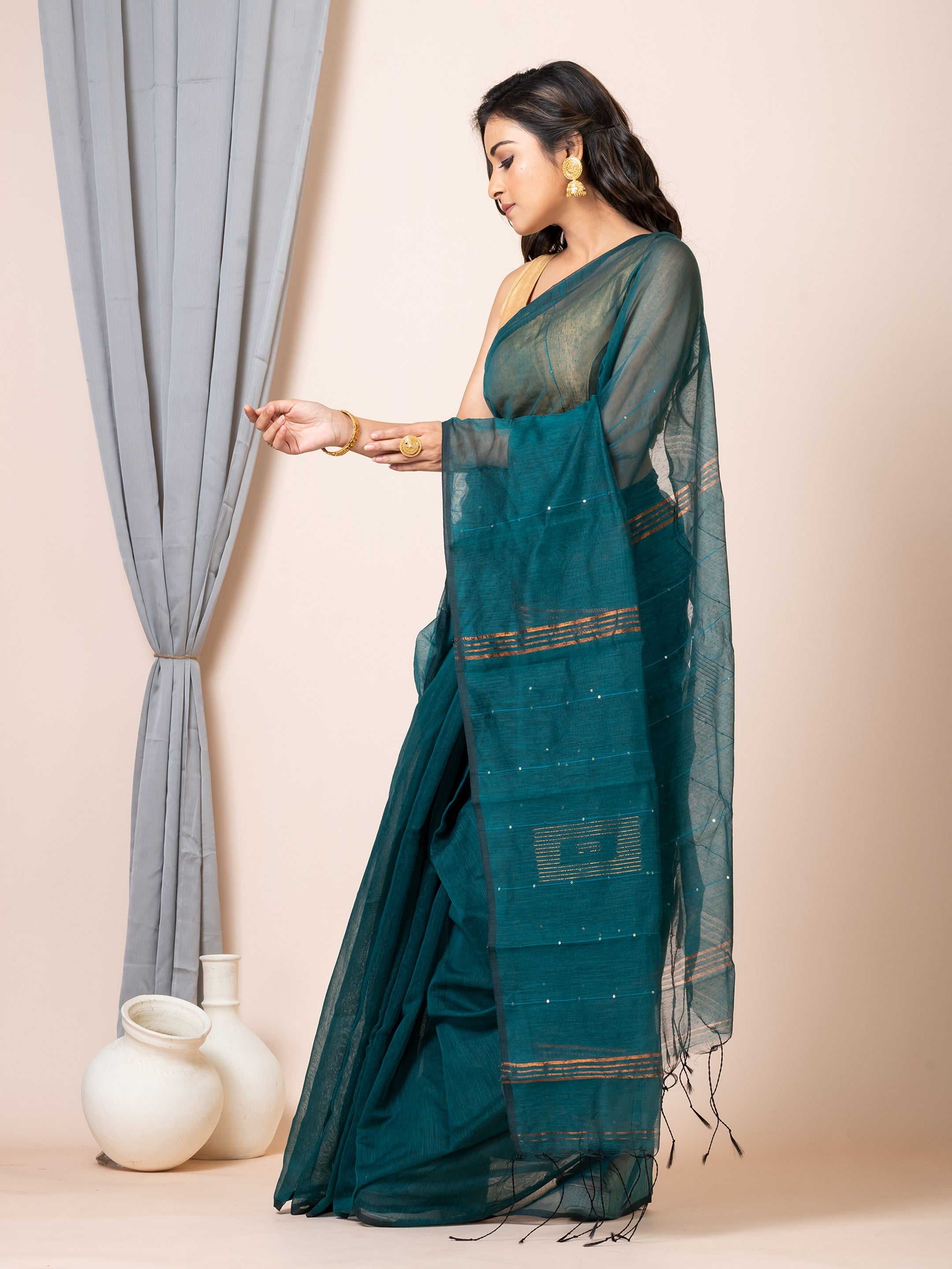 Laa Calcutta Bottle Green & Gold silk cotton embllished box sequence saree