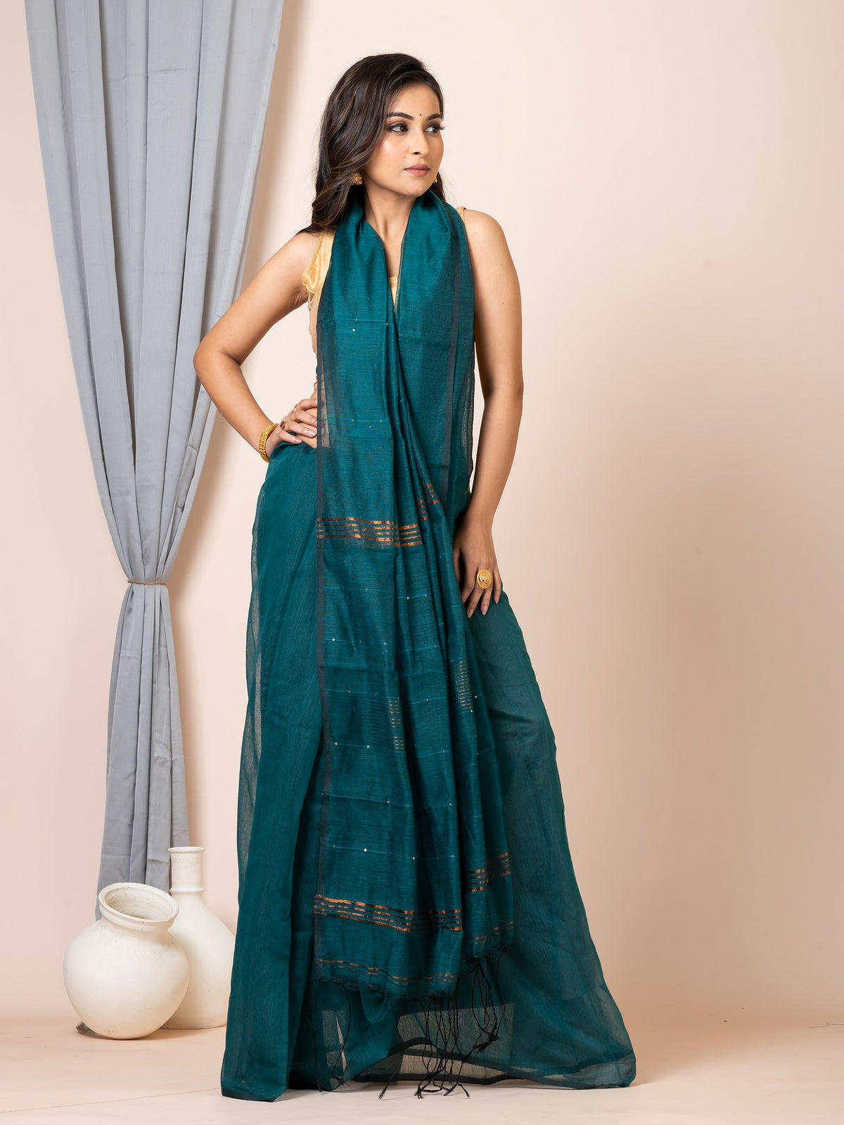 Laa Calcutta Bottle Green & Gold silk cotton embllished box sequence saree