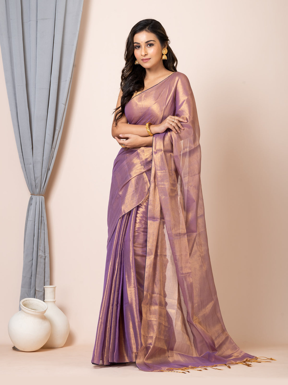 Laa Calcutta Mauve dual tone silk women Tissue saree