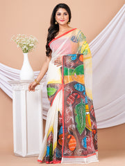 White & Multi Hand painted Resham kota saree