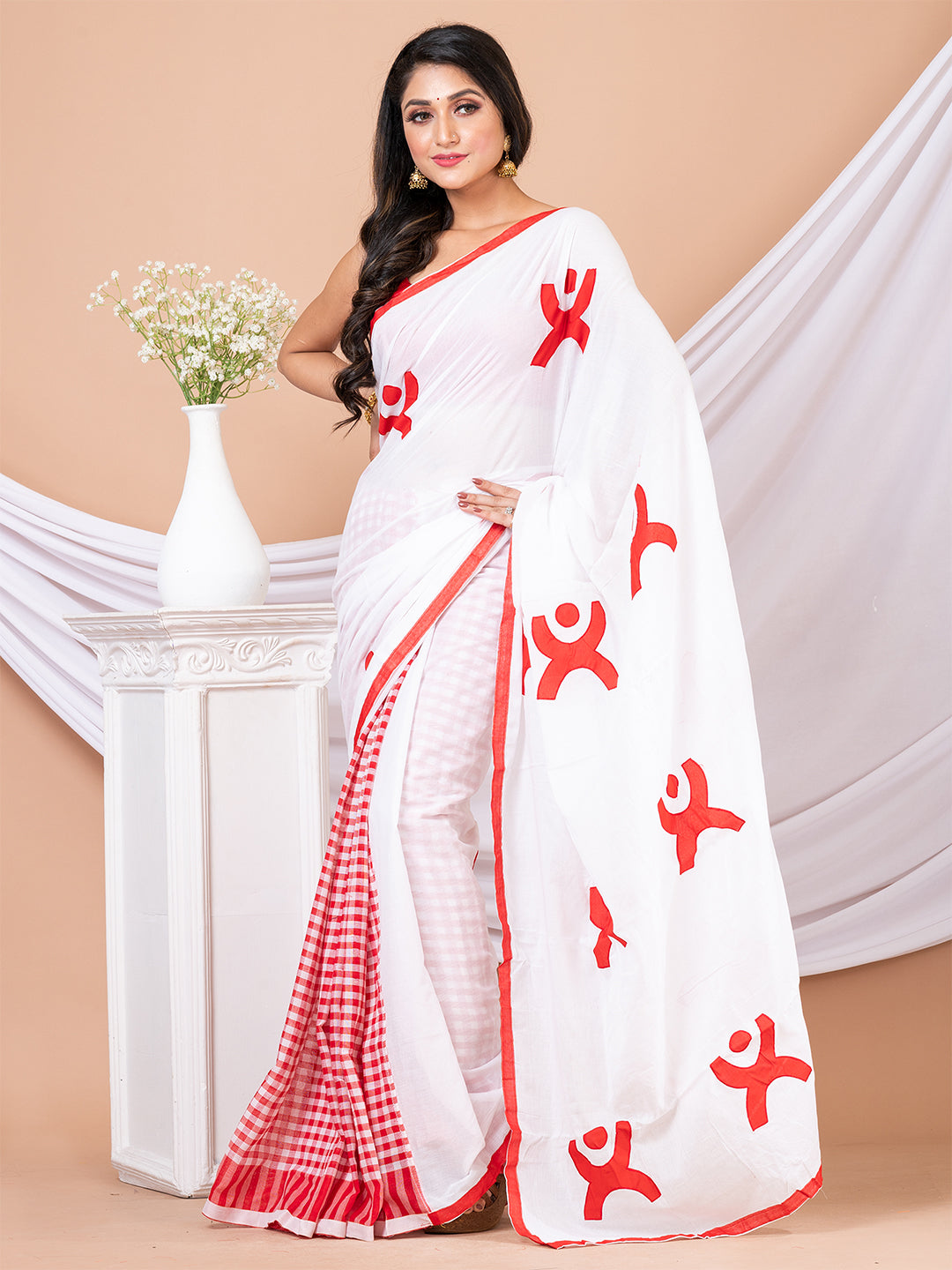 Red & White Aplique cotton saree