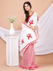 Red & White Aplique cotton saree