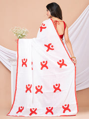 Red & White Aplique cotton saree