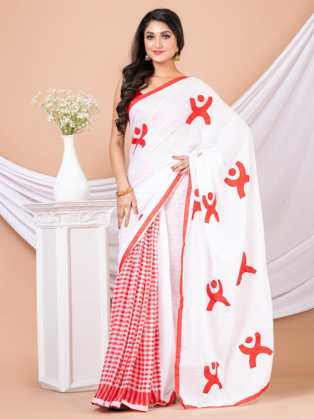 Red & White Aplique cotton saree