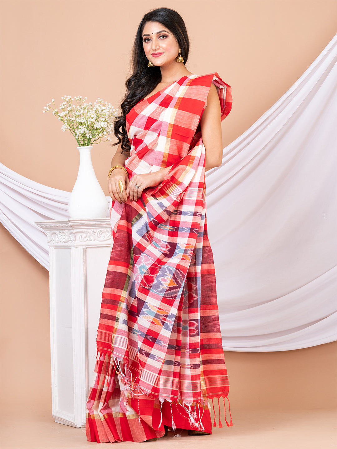 White & Multi Pure cotton printed Handloom Saree