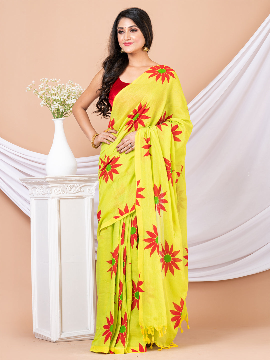 Yellow & Red Pure cotton Sunflower design Handloom Saree