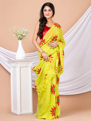 Yellow & Red Pure cotton Sunflower design Handloom Saree