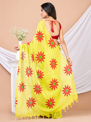 Yellow & Red Pure cotton Sunflower design Handloom Saree