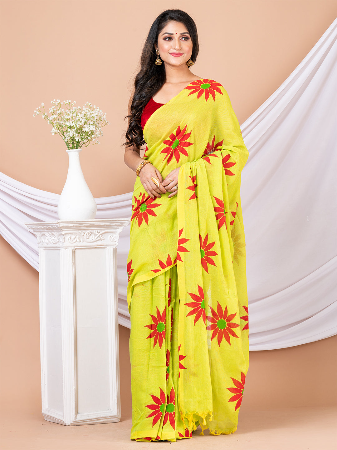 Yellow & Red Pure cotton Sunflower design Handloom Saree