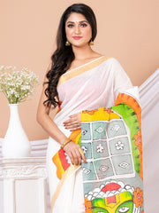 White & Multi Hand painted Kerala cotton saree