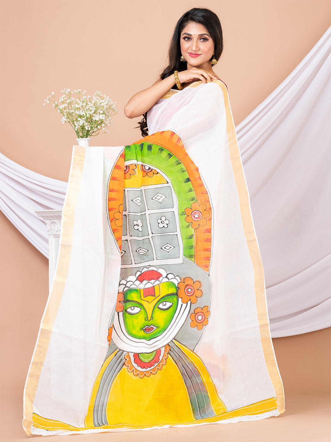 White & Multi Hand painted Kerala cotton saree