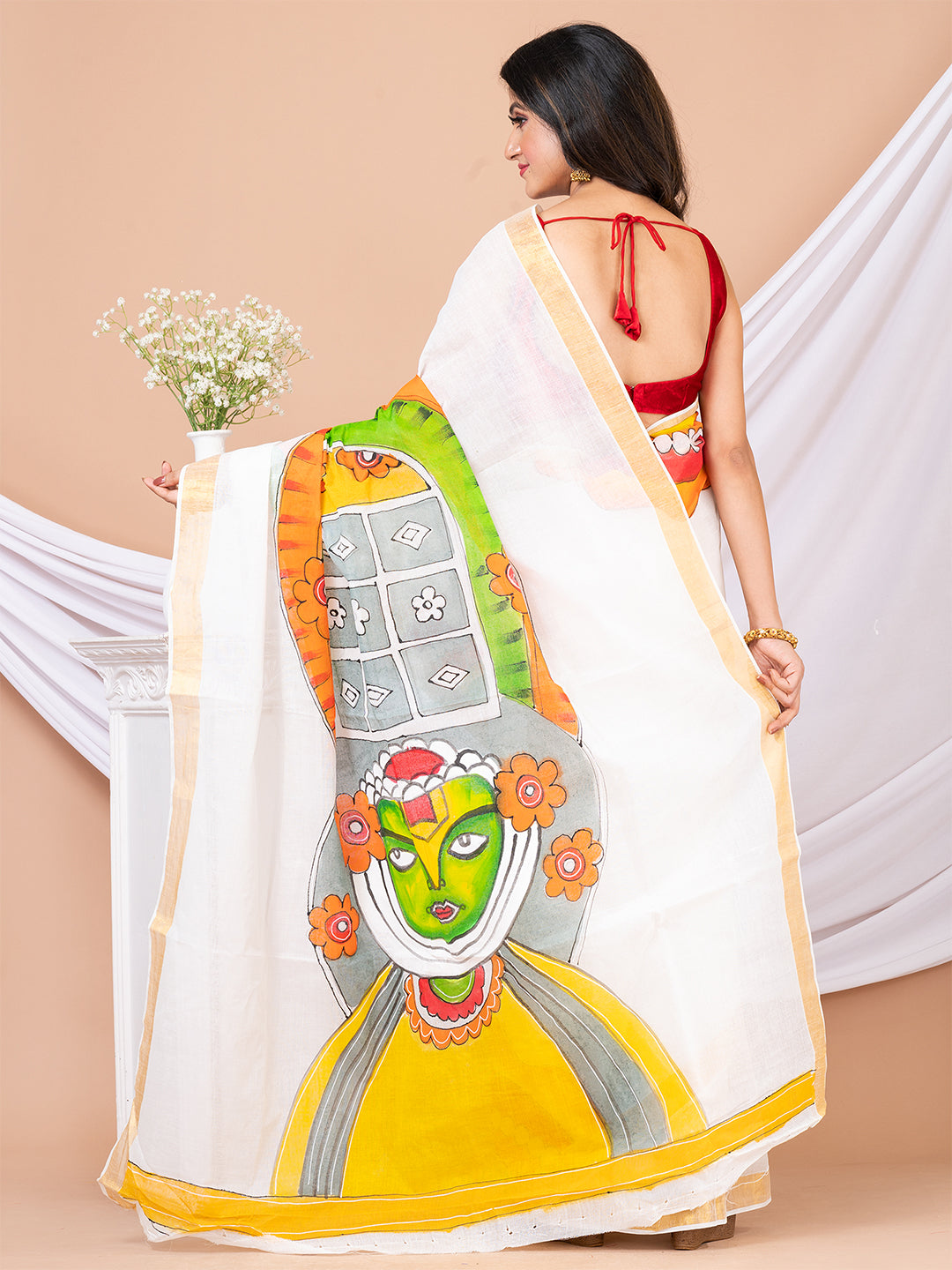 White & Multi Hand painted Kerala cotton saree