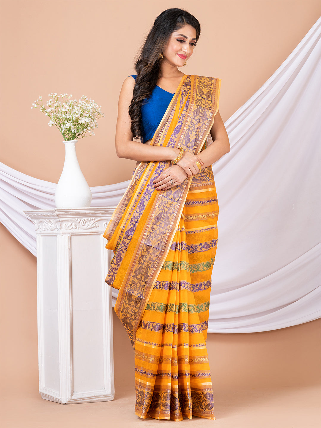 Mustard & Blue pure cotton woven design taant saree