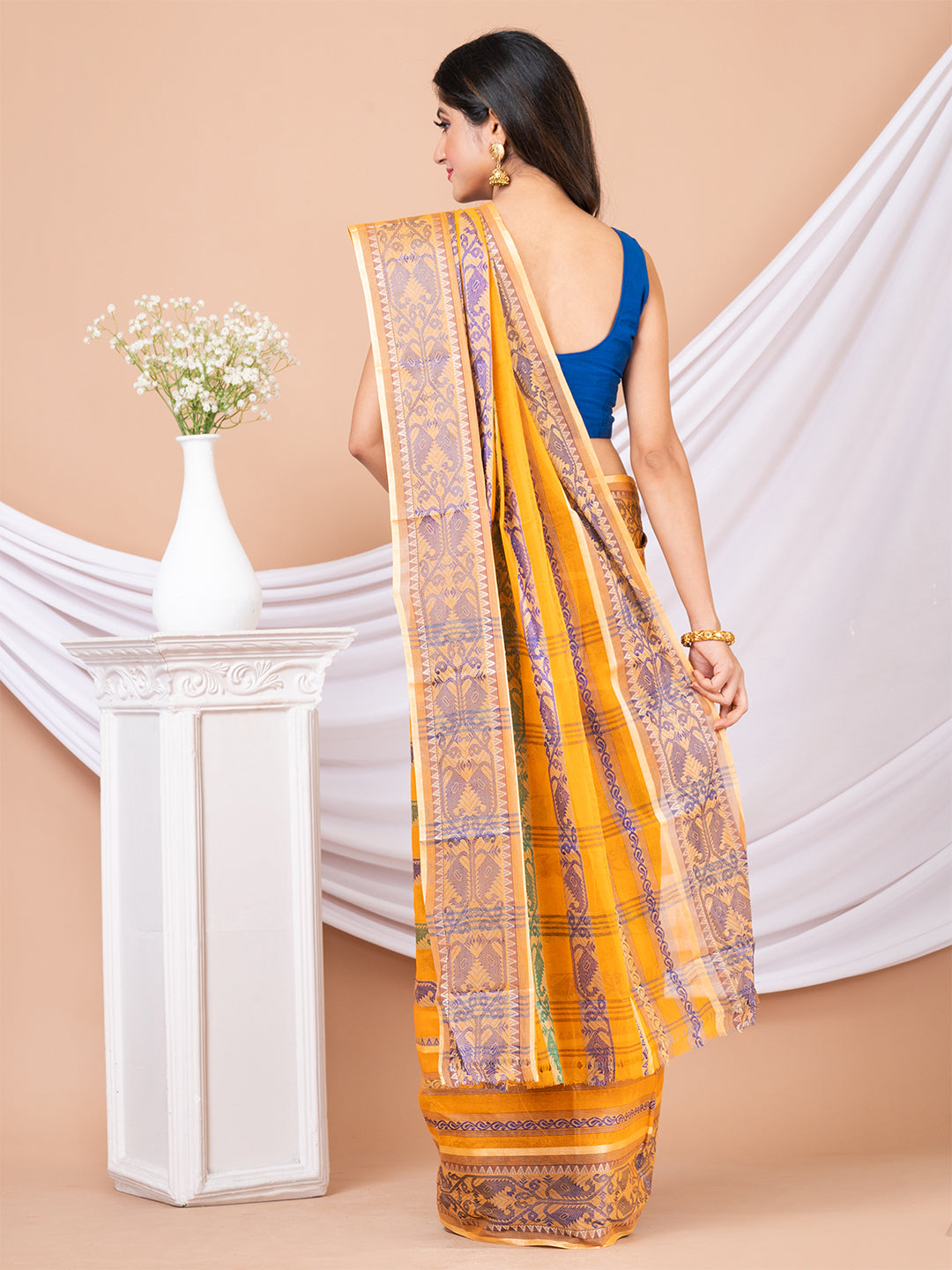 Mustard & Blue pure cotton woven design taant saree