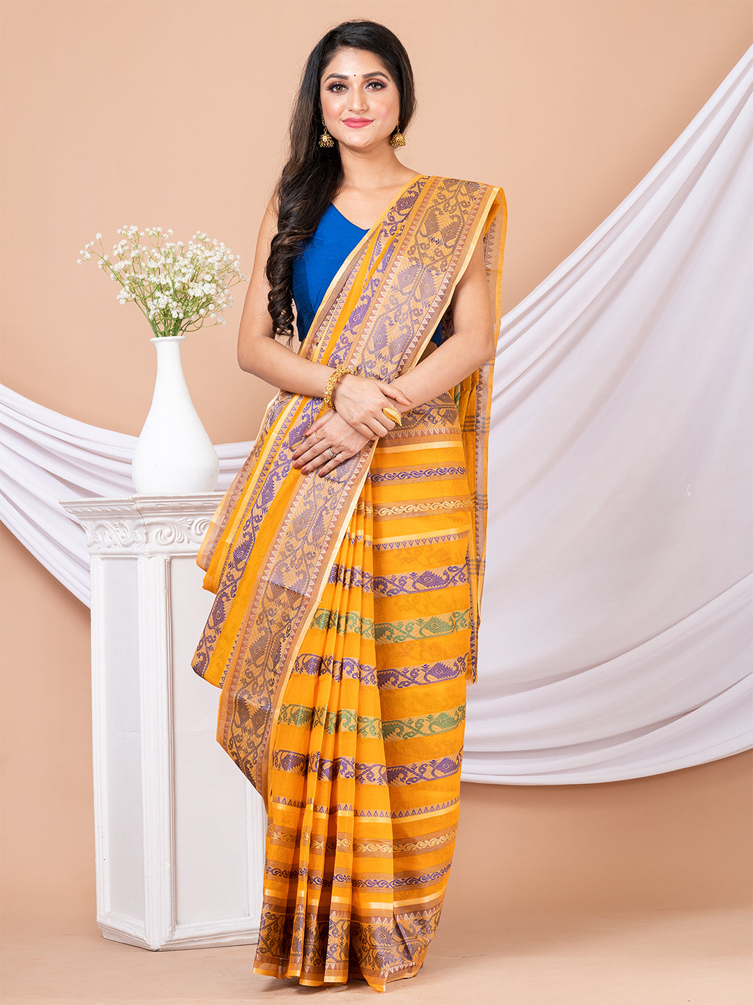 Mustard & Blue pure cotton woven design taant saree