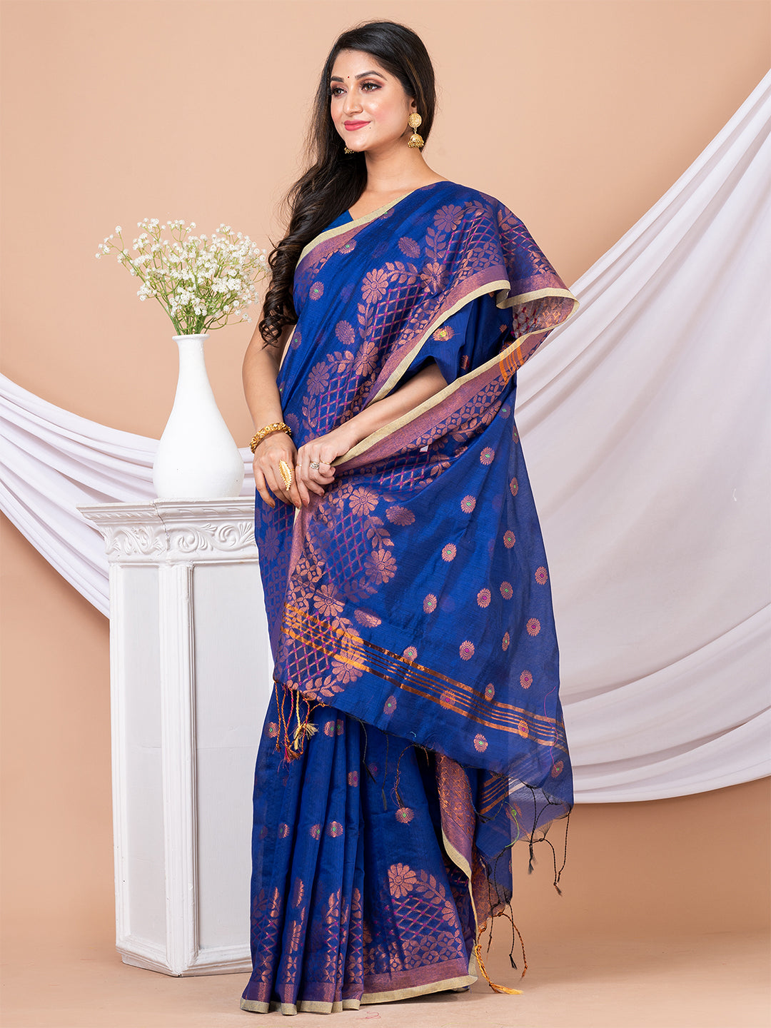 Navy blue & Golden floral design silk cotton handloom saree