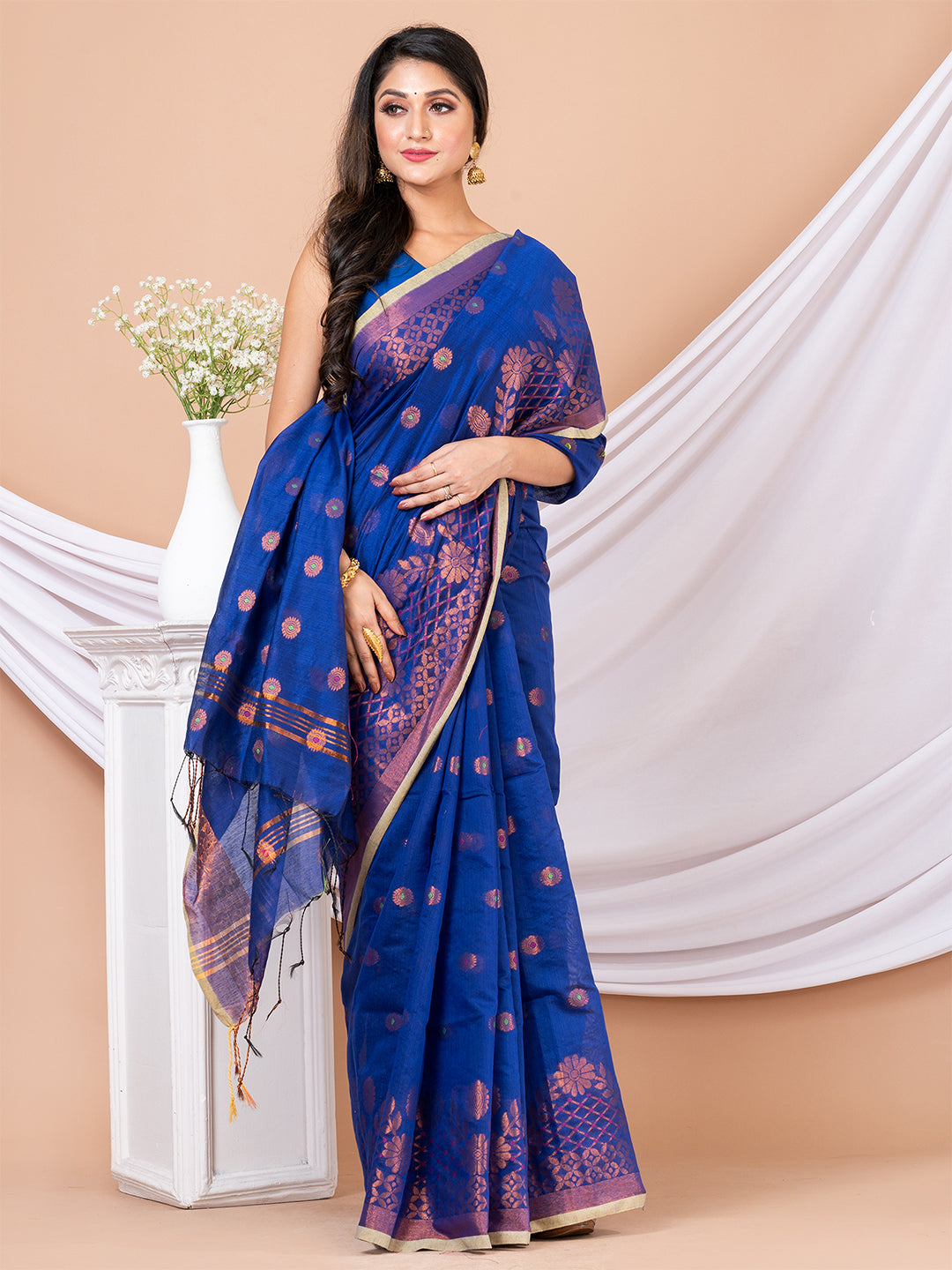 Navy blue & Golden floral design silk cotton handloom saree