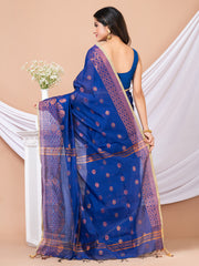 Navy blue & Golden floral design silk cotton handloom saree