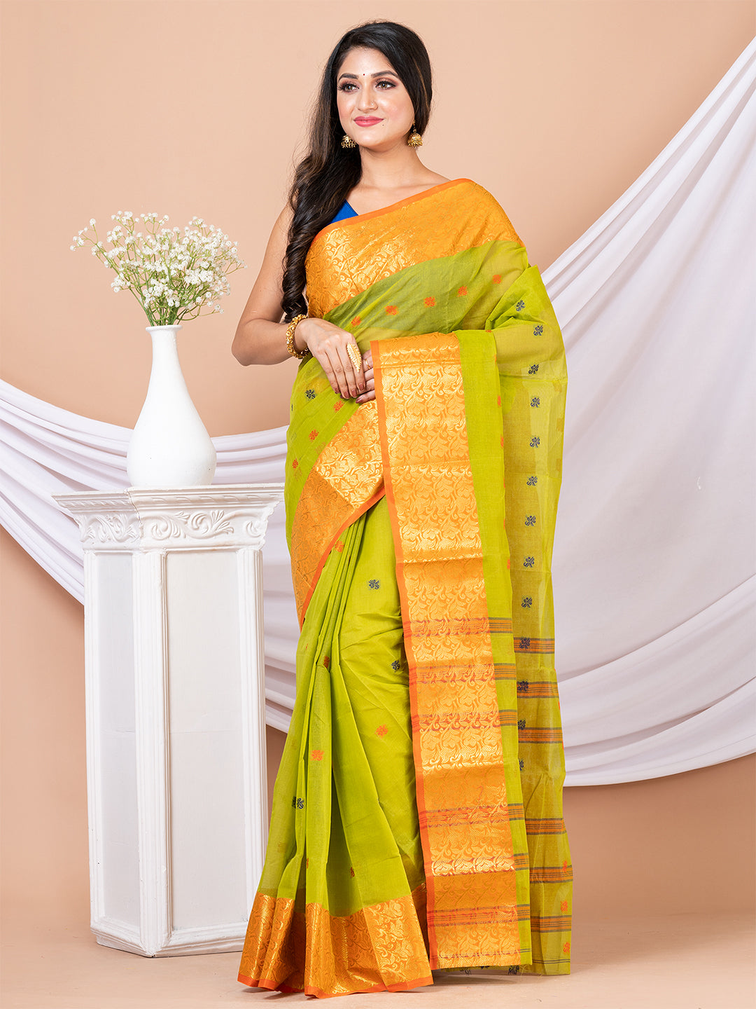 Green & Orange Floral woven design pure cotton taant saree