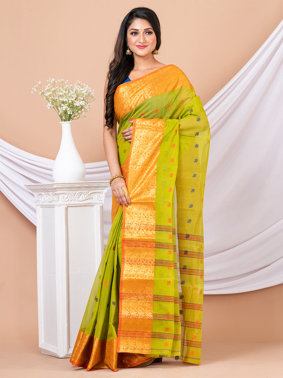 Green & Orange Floral woven design pure cotton taant saree