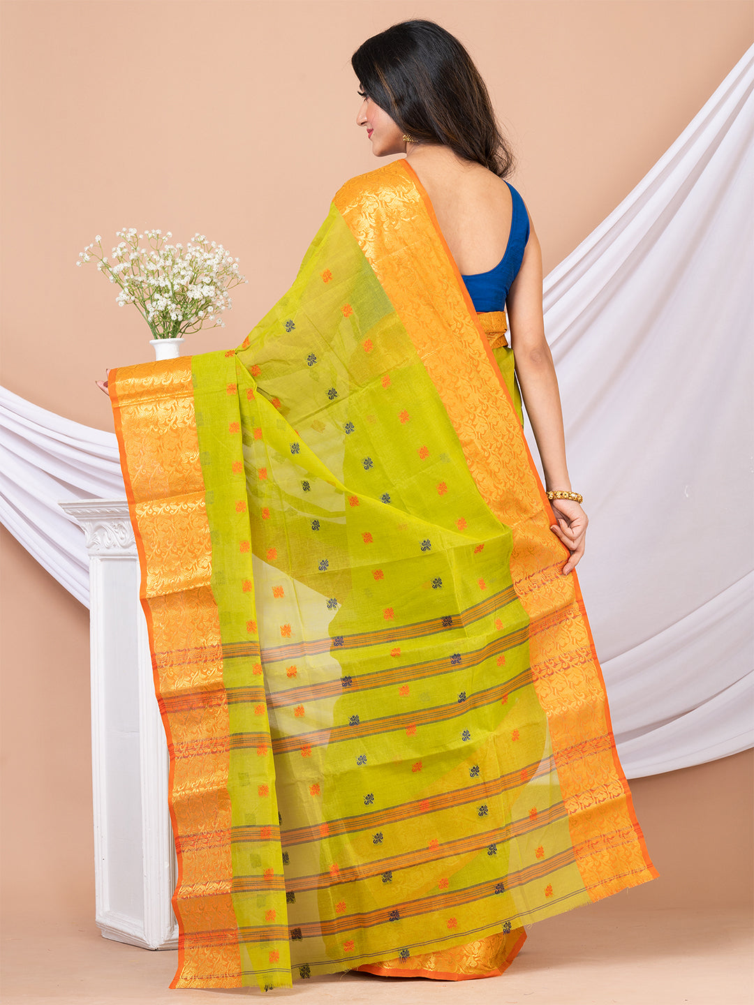 Green & Orange Floral woven design pure cotton taant saree