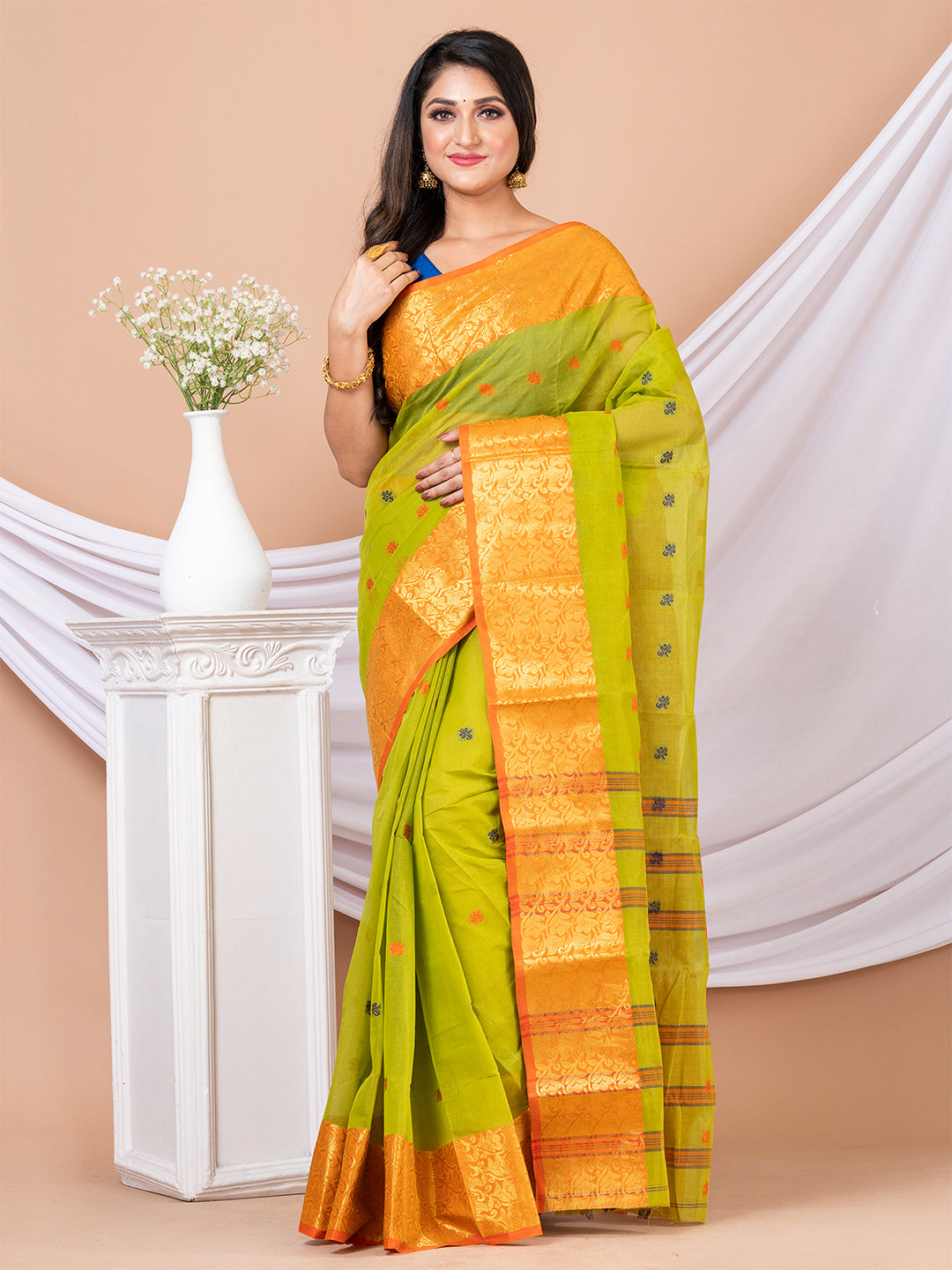 Green & Orange Floral woven design pure cotton taant saree