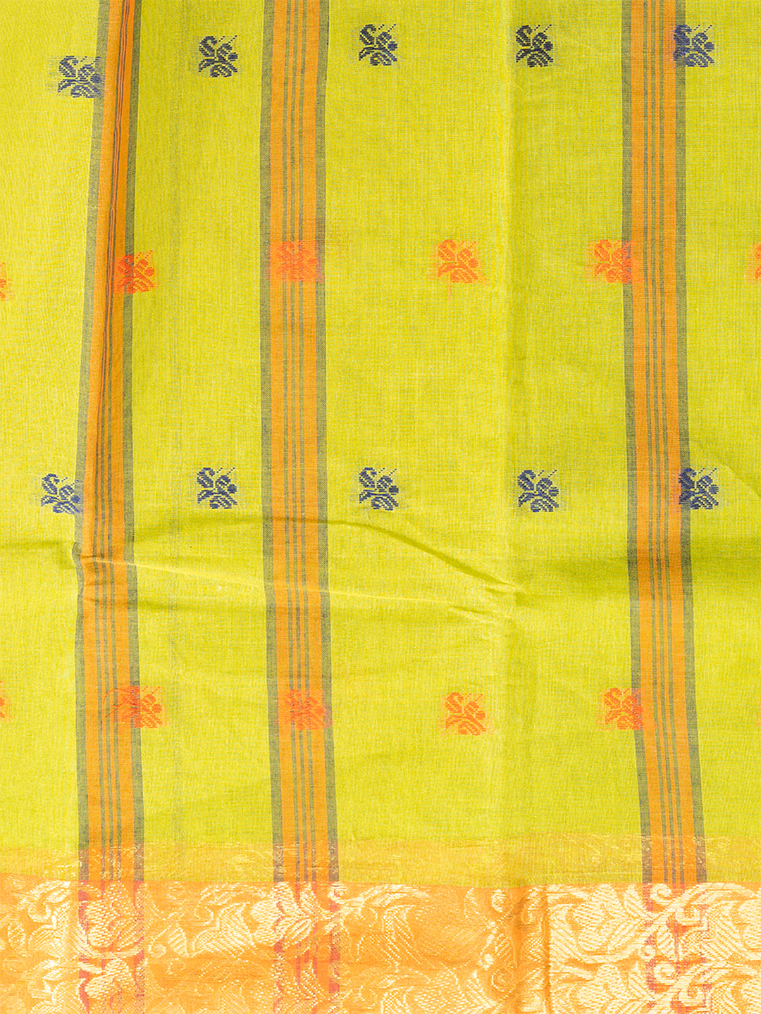 Green & Orange Floral woven design pure cotton taant saree