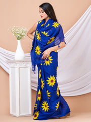 Blue & Yellow Pure cotton Sunflower design Handloom Saree